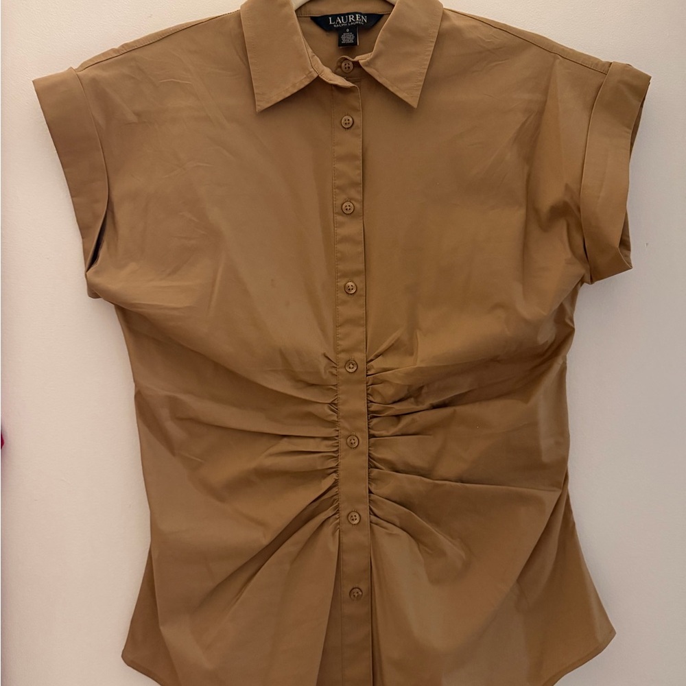 Ralph Lauren Tan Button-Front Ruched Short-Sleeve Shirt
